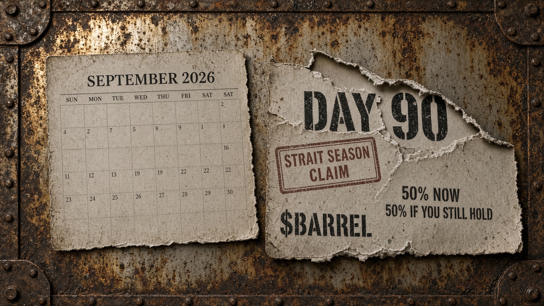 Strait Season September 2026 calendar — Day 90, 50% now, 50% if you still hold