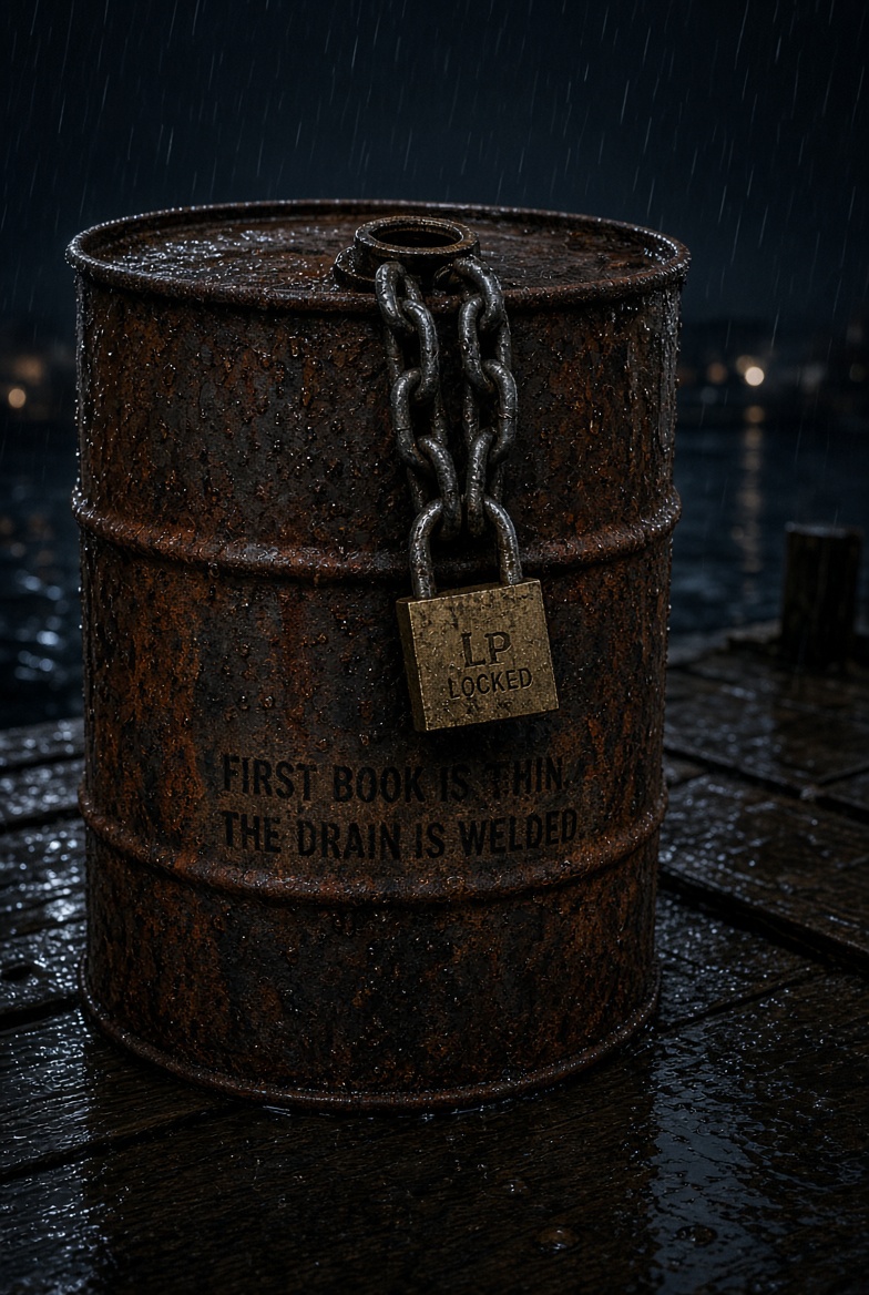LP LOCKED padlock on a rusted $BARREL drum in the rain