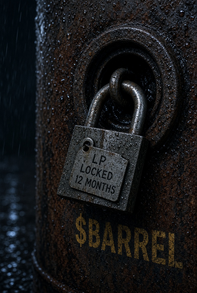 Padlock on a wet rusted drum: LP locked 12 months