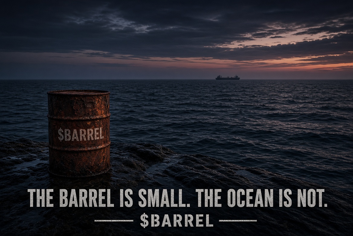 Small rusted $BARREL drum against a dark ocean